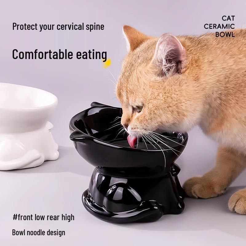 Slanted Black PVC Cat and Dog Bowl - High-Footed, Anti-Tip Design To Protect Cervical Spine