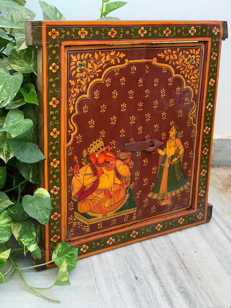 Hand Painted Ganesha Jharokha: Antique Wooden Window Wall Decor