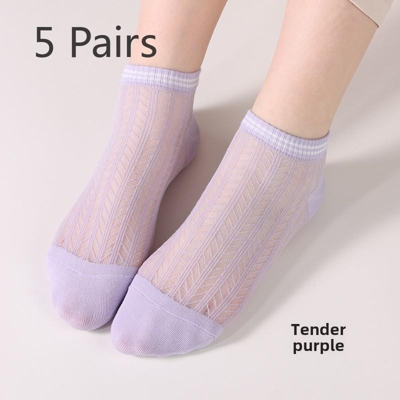 

5 пар женских весенне-летних носков с кристаллами, жаккардовые короткие носки-лодочки с кристаллами, полые чулки, носки 5 Pairs фиолетовый