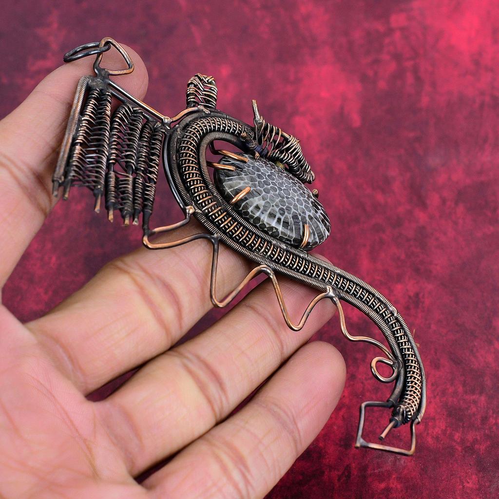 Stingray Coral Gemstone Pendant Copper Wire Wrapped Pendant Dragon Pendant Handmade Jewelry Unique Style Pendant Wire Wrap  Jewelry for Gift