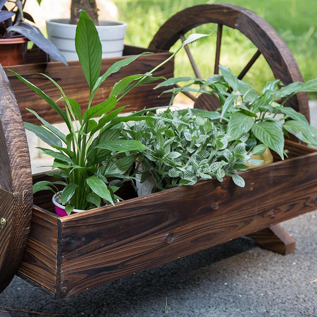 Wooden Wagon Garden Decor Rustic Flower Pot Planters Indoor Outdoor for Backyard Balcony Outside Wheelbarrow Planter for Patio