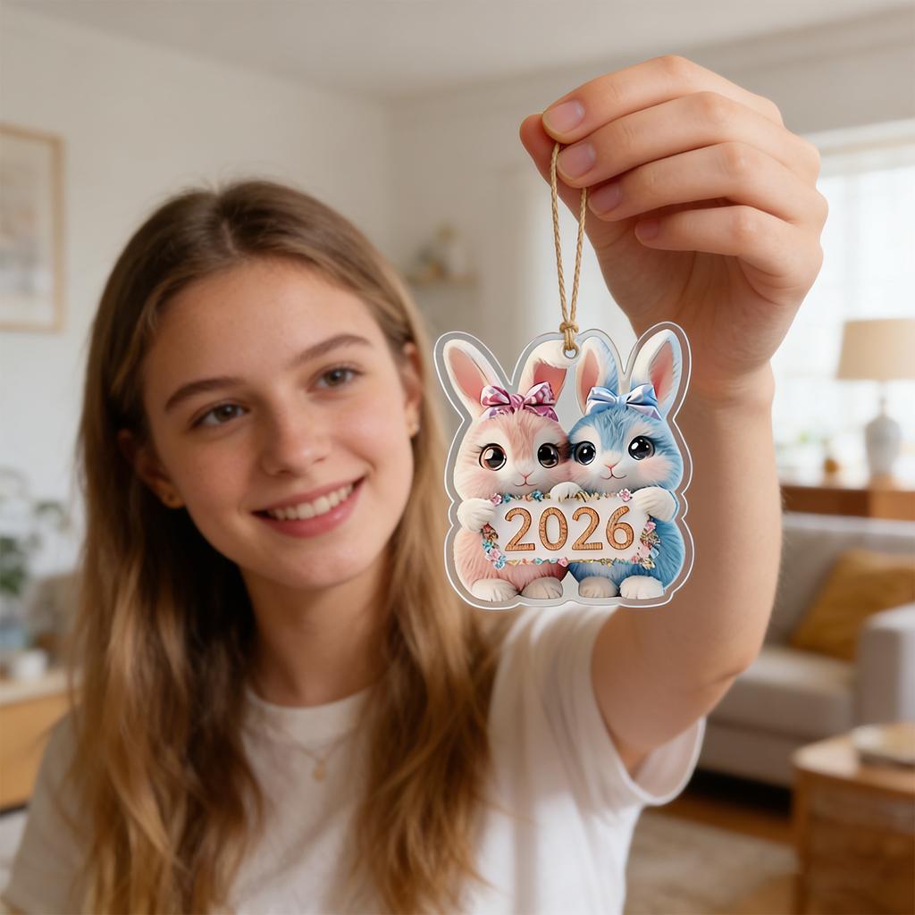 Adorable Acrylic Easter Ornament For Featuring A Pair Of Newborn Rabbits And A Shimmering Light Egg With A Beautiful Bow