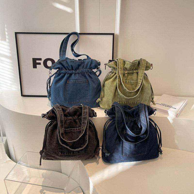 Trendy Ruched Denim Tote Bag Vintage Bucket Shoulder Bag Drawstring Crossbody Bag For Women