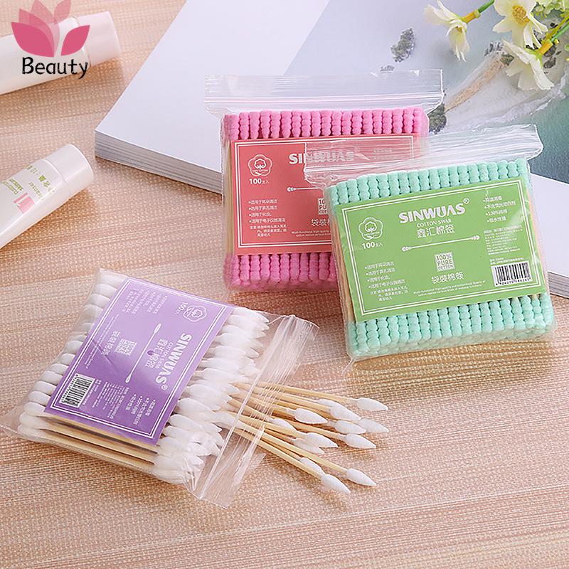 100ks/balení Vatové tampony s dvojitou hlavou pro ženy Make-up vatové tyčinky Tip pro lékařské dřevěné tyčinky Čištění nosu Uši ​​Nástroje zdravotní péče