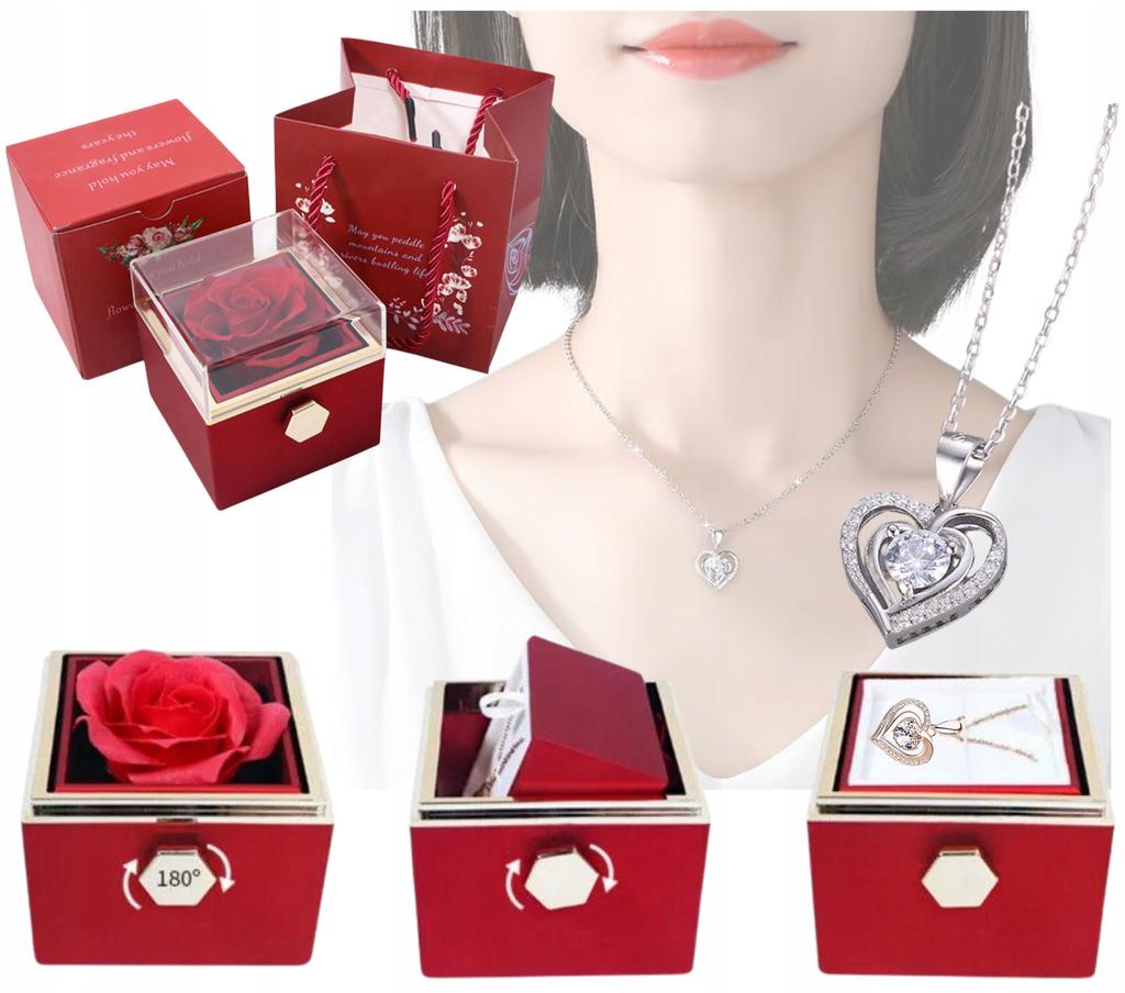 Eternal Rose In A Rotating Box Valentine's Day Gift Jewelry Box + Necklace