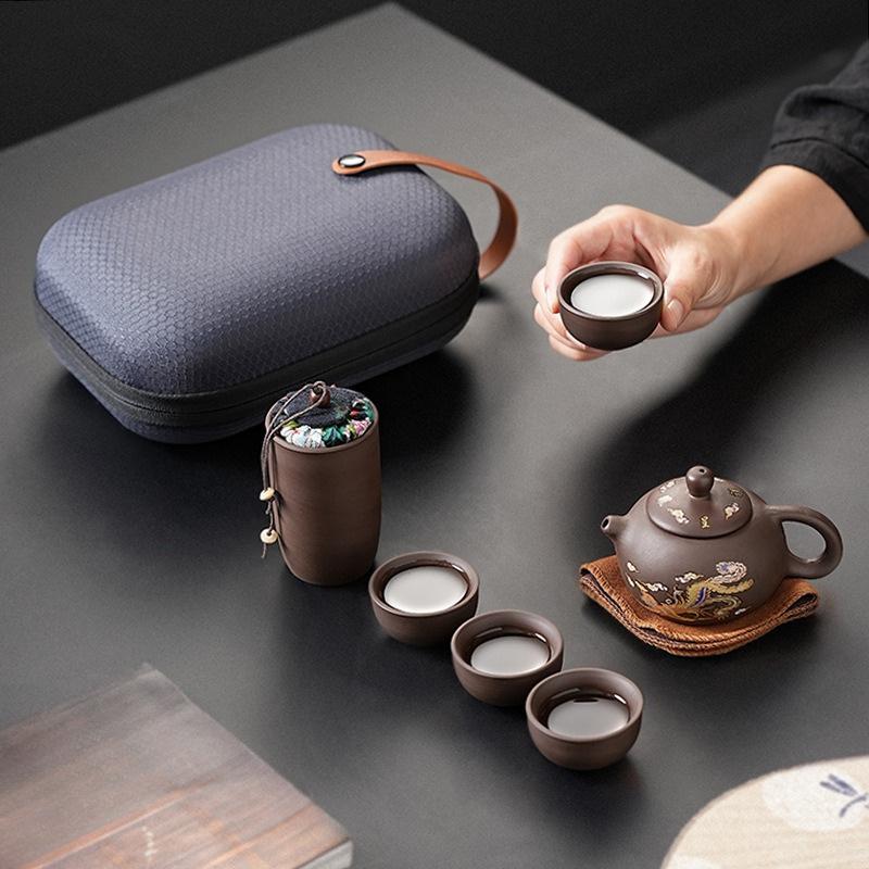 Purple Clay Travel Tea Set One Pot Four Cups Outdoor Portable Storage Quick Cup Kung Fu Small Gifts