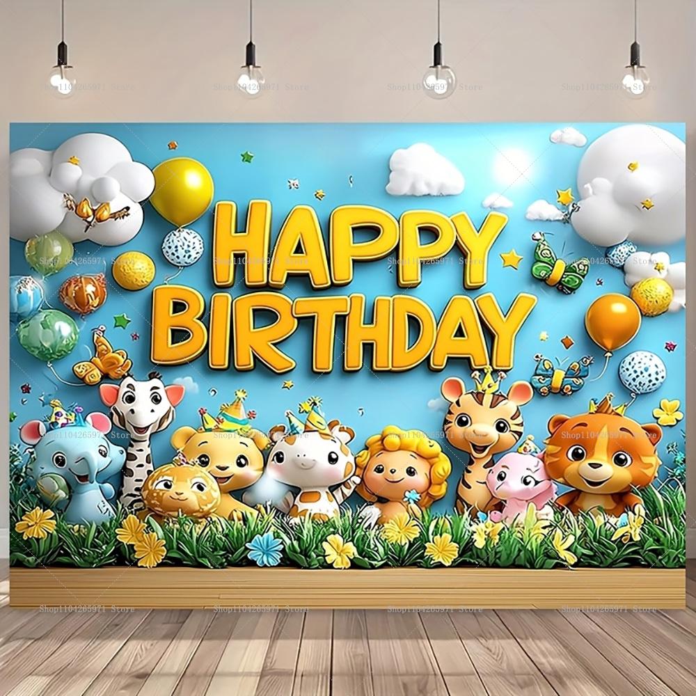 Cartoon Colorful Jungle Animal Themed Backdrop Kids Birthday Baby Shower Party Banner Baby Portrait Photography Gift Supplies