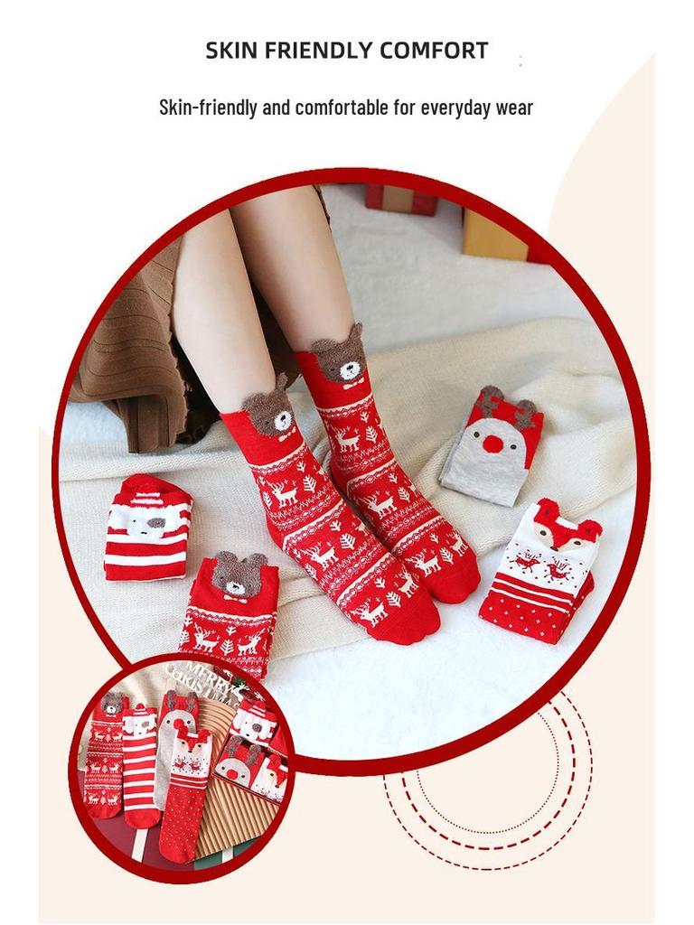 Women's Mid-Calf 3D Cartoon Christmas Socks Gift Box - Red Cotton Benming Year Collection for Autumn & Winter