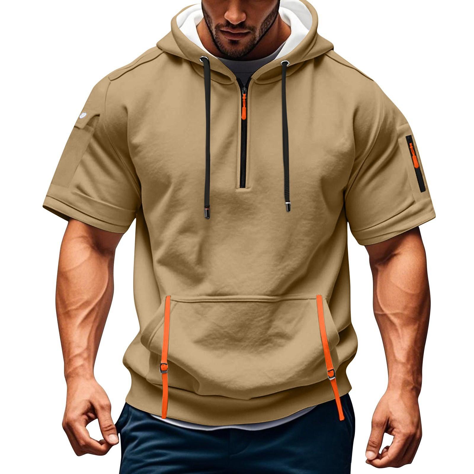 Blackrose Heren Zomer Shirt Ritszak Korte Mouw Hoodie Heren Sport Grote Maat Casual Sweatshirt XL kaki