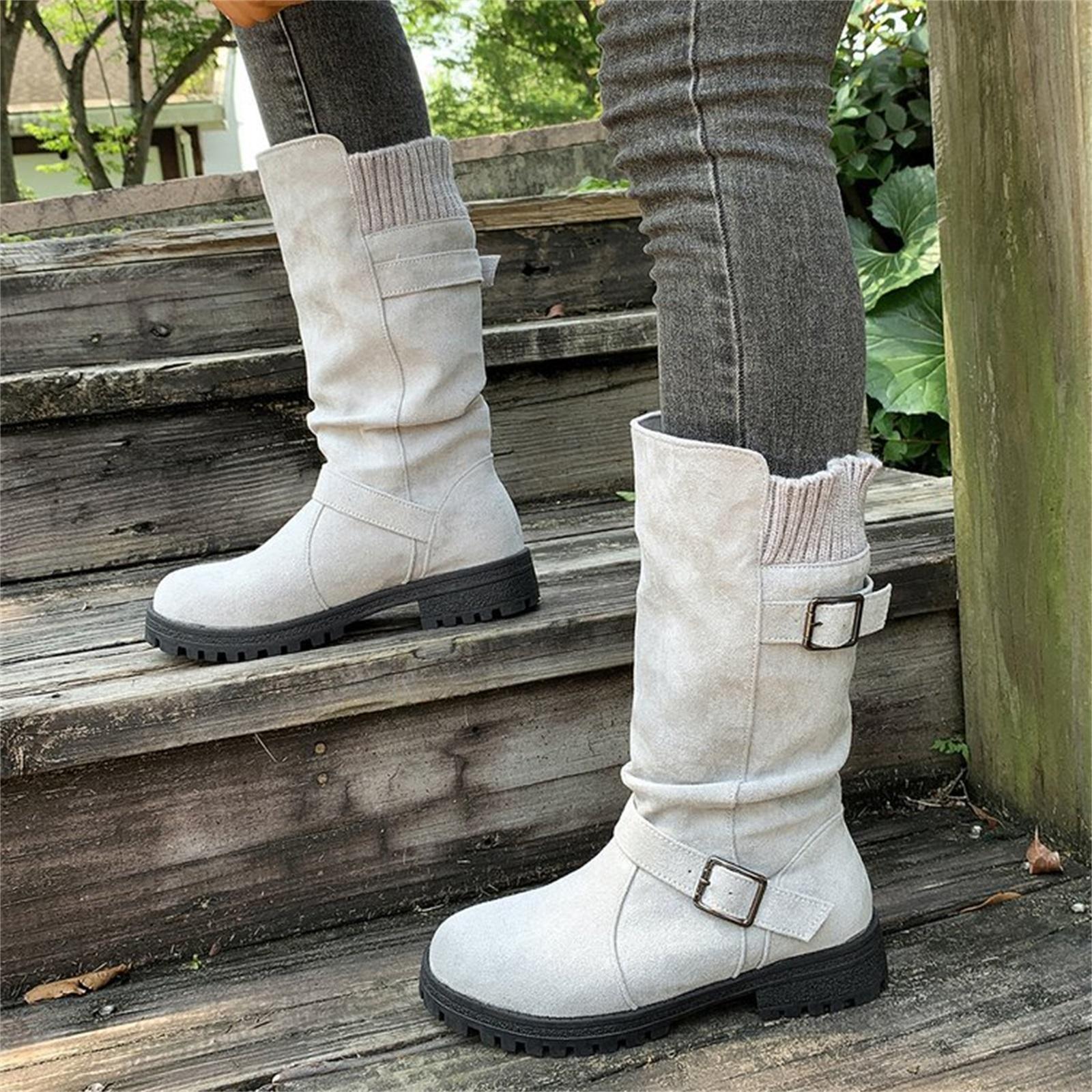 Women s Fashionable Vintage Metal Buckle Casual Low-Heel Knee-High Boots 36