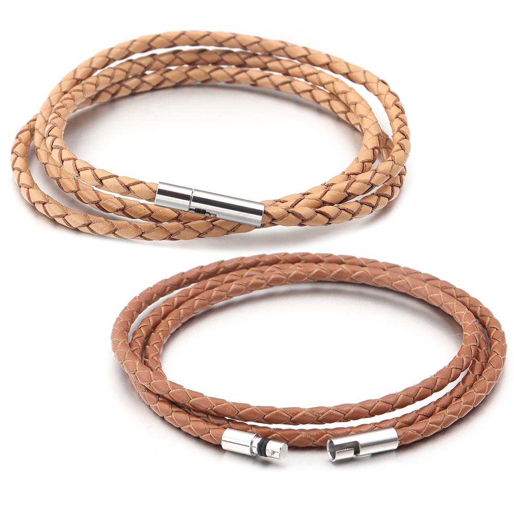 1pc Genuine Braided Leather Bracelet Classic Three Layer Stainless Steel Clasp Bracelet For Men Women Jewelry Making Charm Gifts