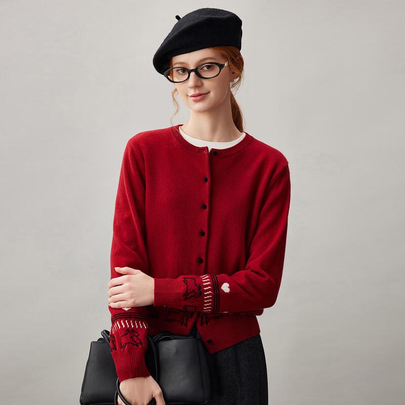 Women's 100% Cashmere Red Fair Isle Knit Cardigan