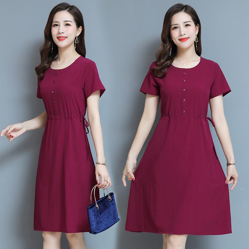 Loose Plus Size Summer Fashion Dress for Middle-Aged & Elderly Women - Solid Color, Mid-Length, Short Sleeves