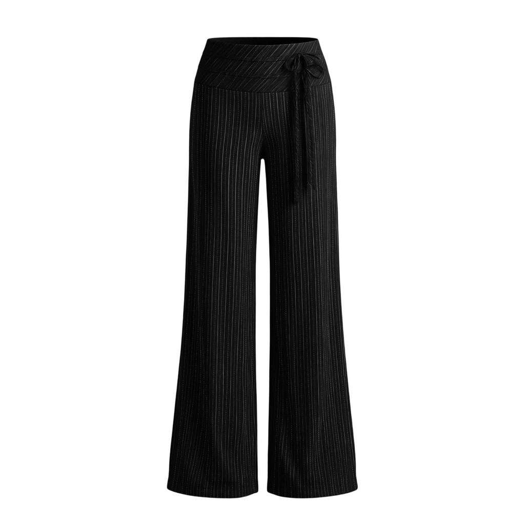 Women Wide Leg Pants High Waist Casual Trousers with Tie Waist Loose Fit Comfortable Lounge Wear Striped Pattern Elastic Waistband