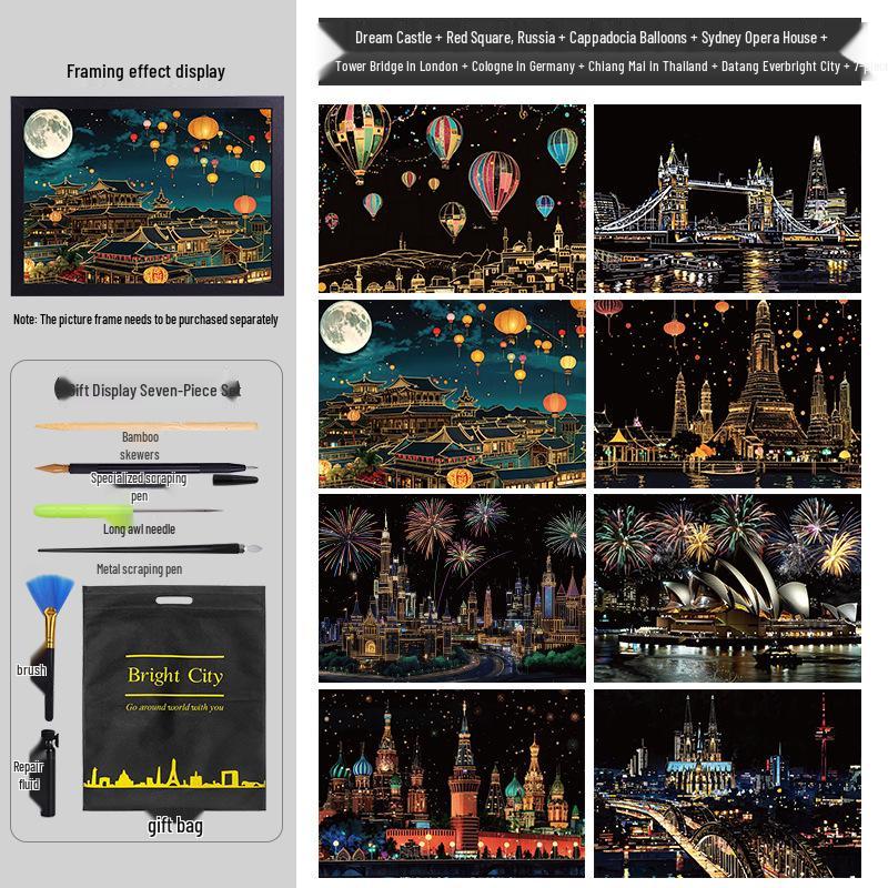 City Night View A4 Scratch Art Paper - Children’s Craft Kit