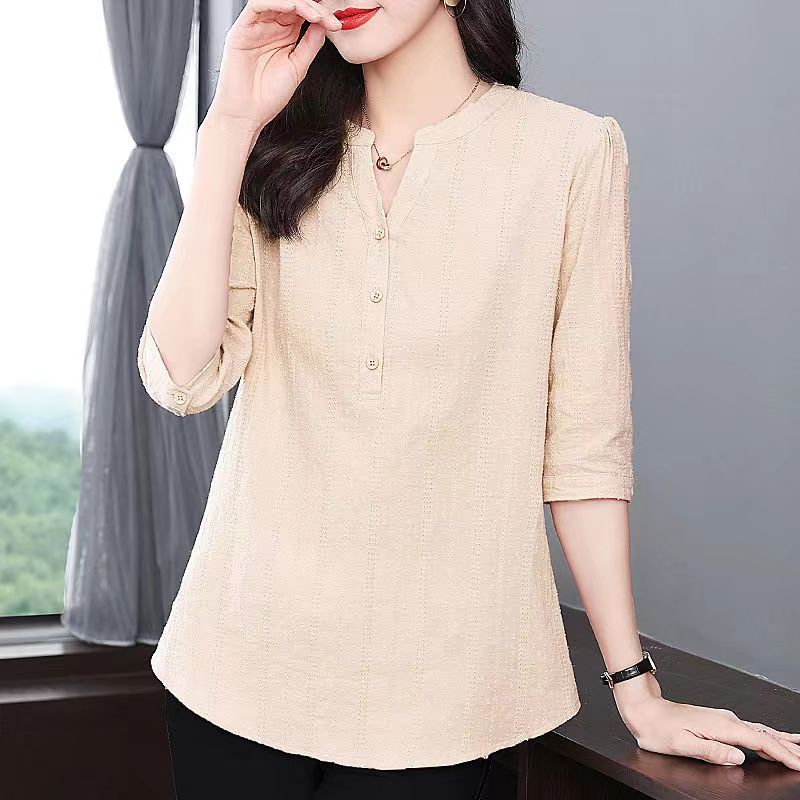 Spring Summer Women's Oversized Pure Cotton Loose Shirt Ladies 3/4 Sleeve Casual Solid Pullover Tops Women Simple Blouse