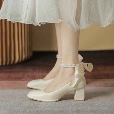 2025 New High Heels Women's Bow Thick Heel Square Toe Mary Jane Shoes Elegant Medium Heel Women's Shoes Party Shoes