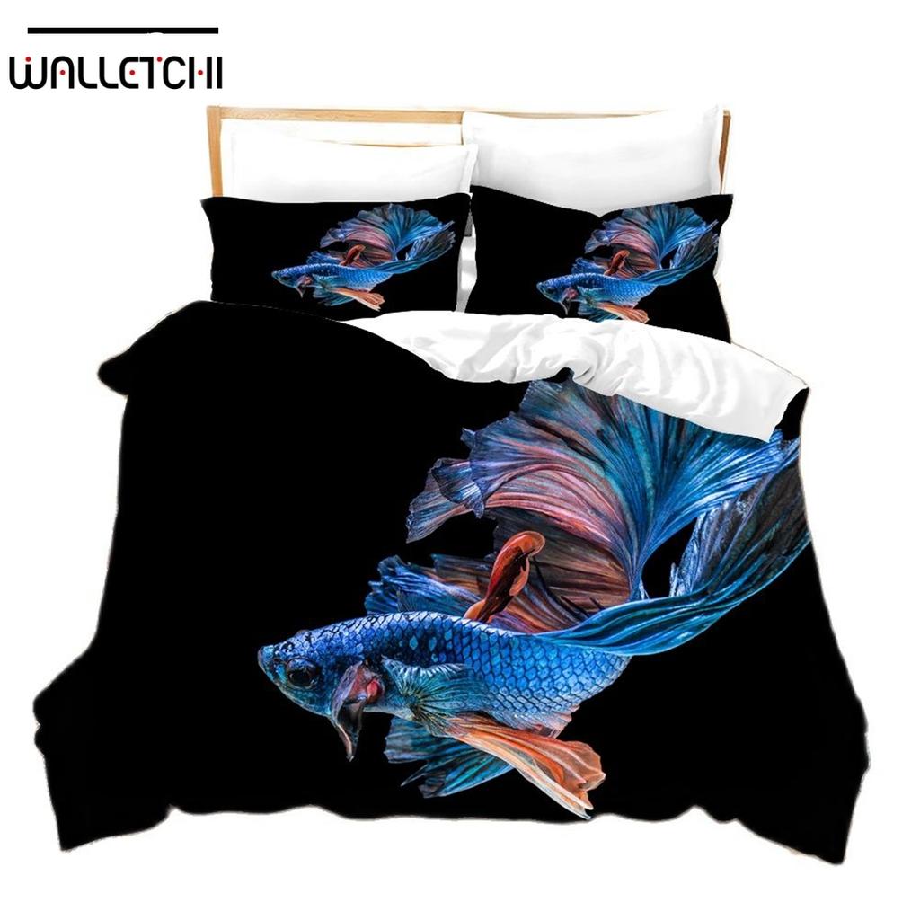 3D Printed Cartoon Fish Photo Chinoiserie Bedding Set Down Quilt Cover With Pillowcase Double Complete  King
