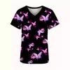 Romantic Pink Butterfly 3D Digital Print Women's Pocket V-neck Pullover Short Sleeved T-shirt Hospital Protective Apparel