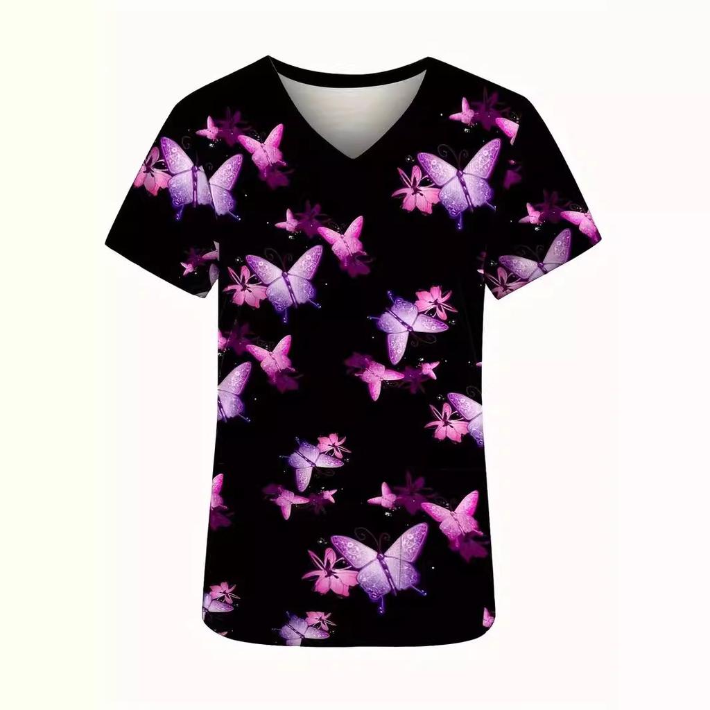 Romantic Pink Butterfly 3D Digital Print Women's Pocket V-neck Pullover Short Sleeved T-shirt Hospital Protective Apparel