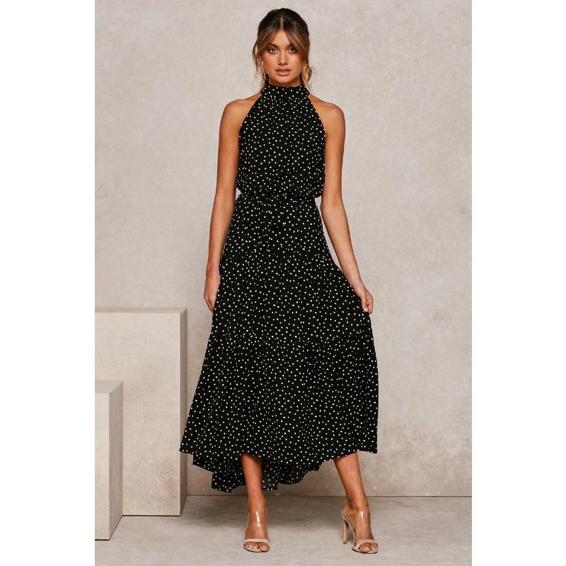 Women's Hanging Neck Polka Dot Printed Tie Dress Long Long Dress
