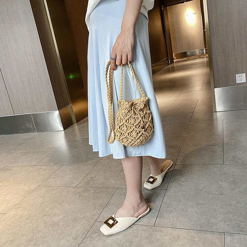 Yogodlns Cotton Rope Bucket Shoulder Bag For Women Handamade Woven Summer Beach Drawstring Crossbody Bag