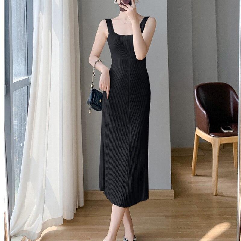 Høst Ermeløs Slank Strikket Genserkjole Kvinner 2023 Vintage Elegant Bodycon Kjoler Kveld Sexy Lang Kjole Stroppekåpe 28118