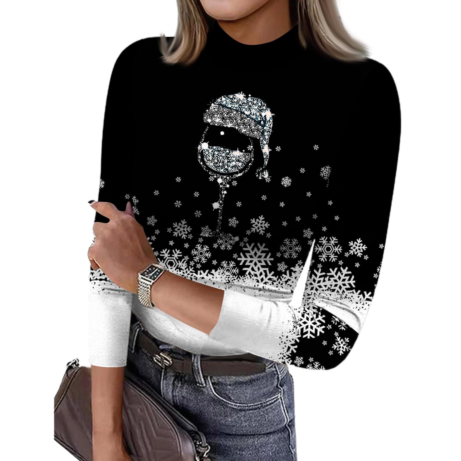 

Women s Slim Bottom T-shirt Fashion Casual Christmas Printing Round Neck Pullover 3/4 Sleeve Top L чёрный