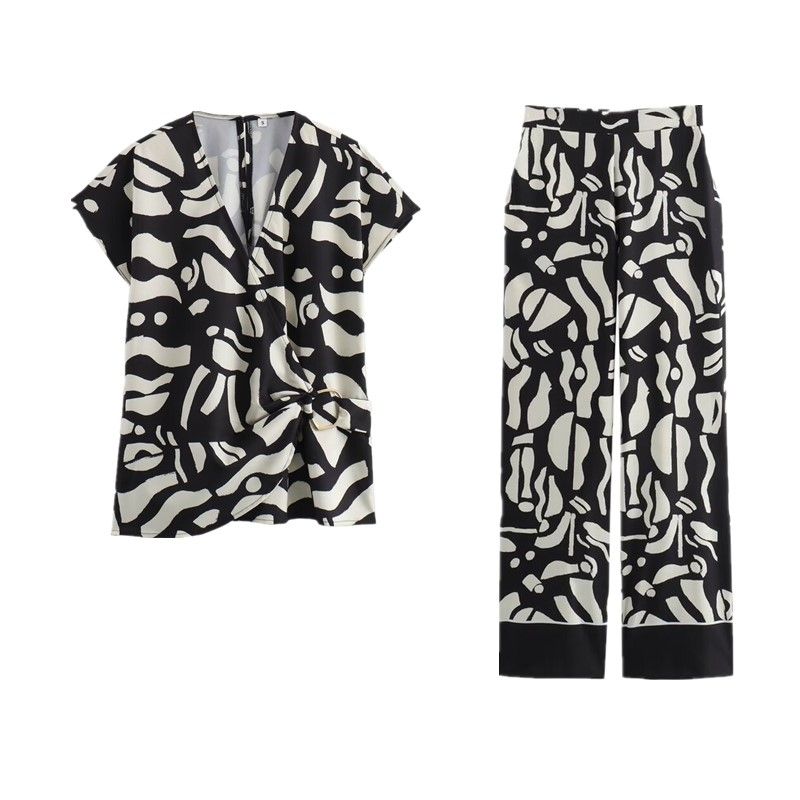 Fashion Style 2024 Summer New Arrival Women's Clothing Buckle Decoration Print Tops Easiest for Match High Waist Straight Pants 3317769