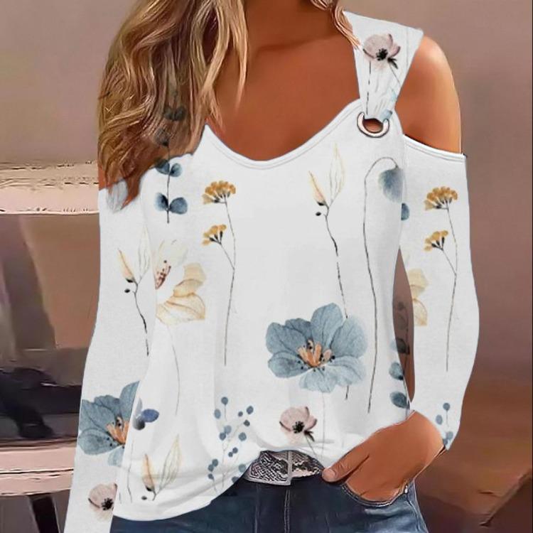 Women Casual Summer Floral Print Long Sleeve U Neck Blouse Fashion Shirts