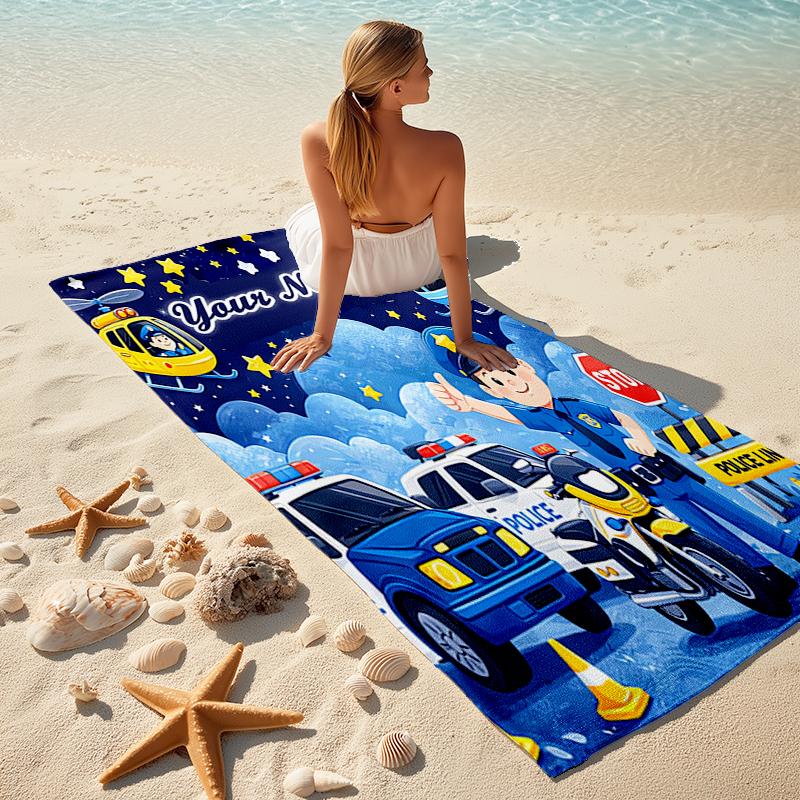 1PC Custom Name Police Night Adventure Beach Towel Highly Absorbent And Sand-Resistant Towel for Swimming, Pool, Yoga, And Travel Lightweight
