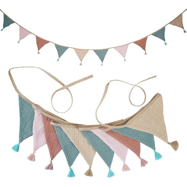 Fabric Bunting Banner, 2 Pack Handmade Neutral String Banner with Tassel Each 8.5 ft 10 Flags Nursery Wall Hanging Wedding Birthday Home Baby Shower