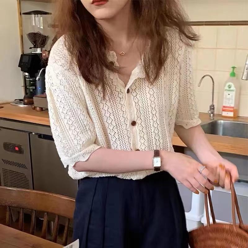 

Модная ажурная трикотажная женская рубашка с коротким рукавом, свободная, с круглым вырезом, тонкая летняя рубашка, повседневная женская блузка элегантного фасона, офисные топы One Size