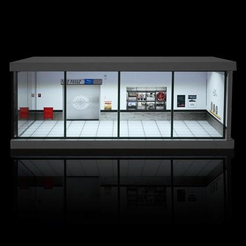 NUEIOVRW Diorama 1/43 Scale Garage Model with LED Lighting, Dust Door, Car Showroom Model, Urban Parking Lot, 1/43 Diecast Model, Car Storage Scene Di