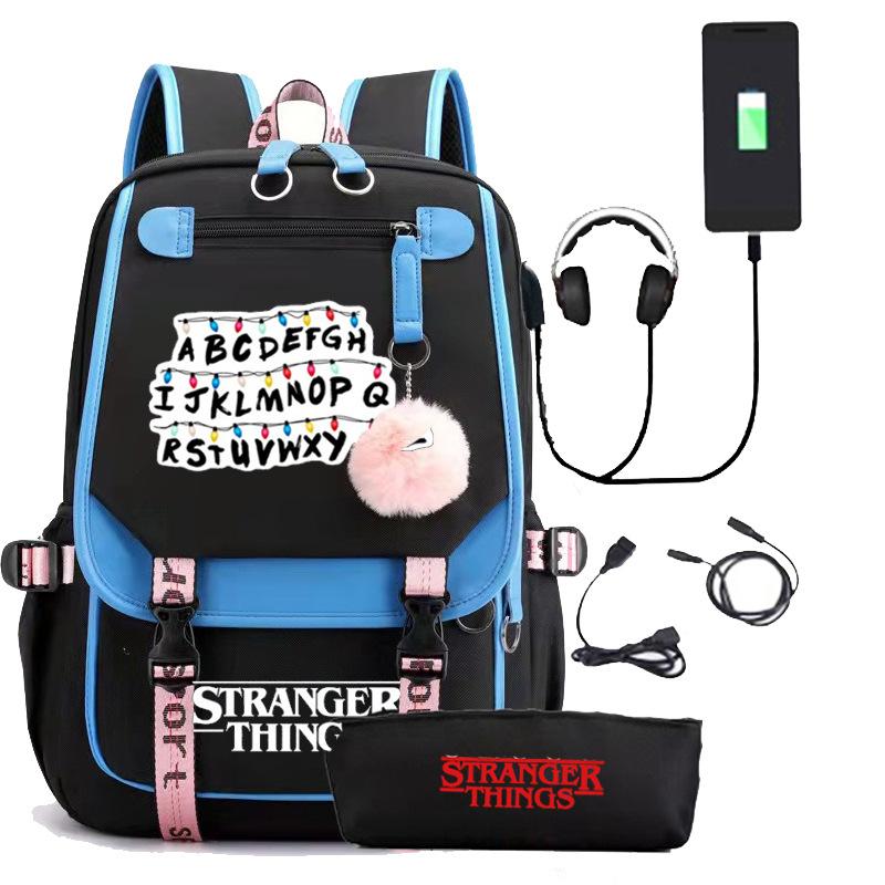 Zaino Stranger Things Stranger con Ricarica USB Borsa Scolastica per Studente di Scuola Media Astuccio Set da Due Pezzi