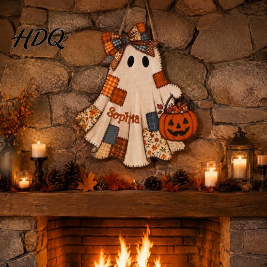 Unique Halloween Souvenir Gifts Wooden Patchwork Ghost Pendant Vintage Autumn Harvest Hanging Sign Cute Door Sign Pendant with Rope for Home