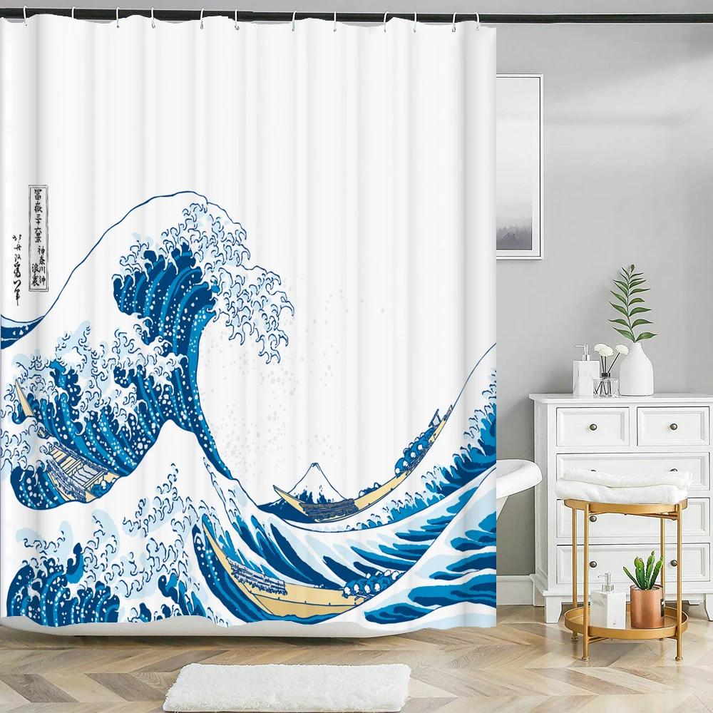 Japanese Style Sea Waves Shower Curtain Bathroom Curtain with Hooks Waterproof Fabric Bath Curtain for Home Bathroom Decor