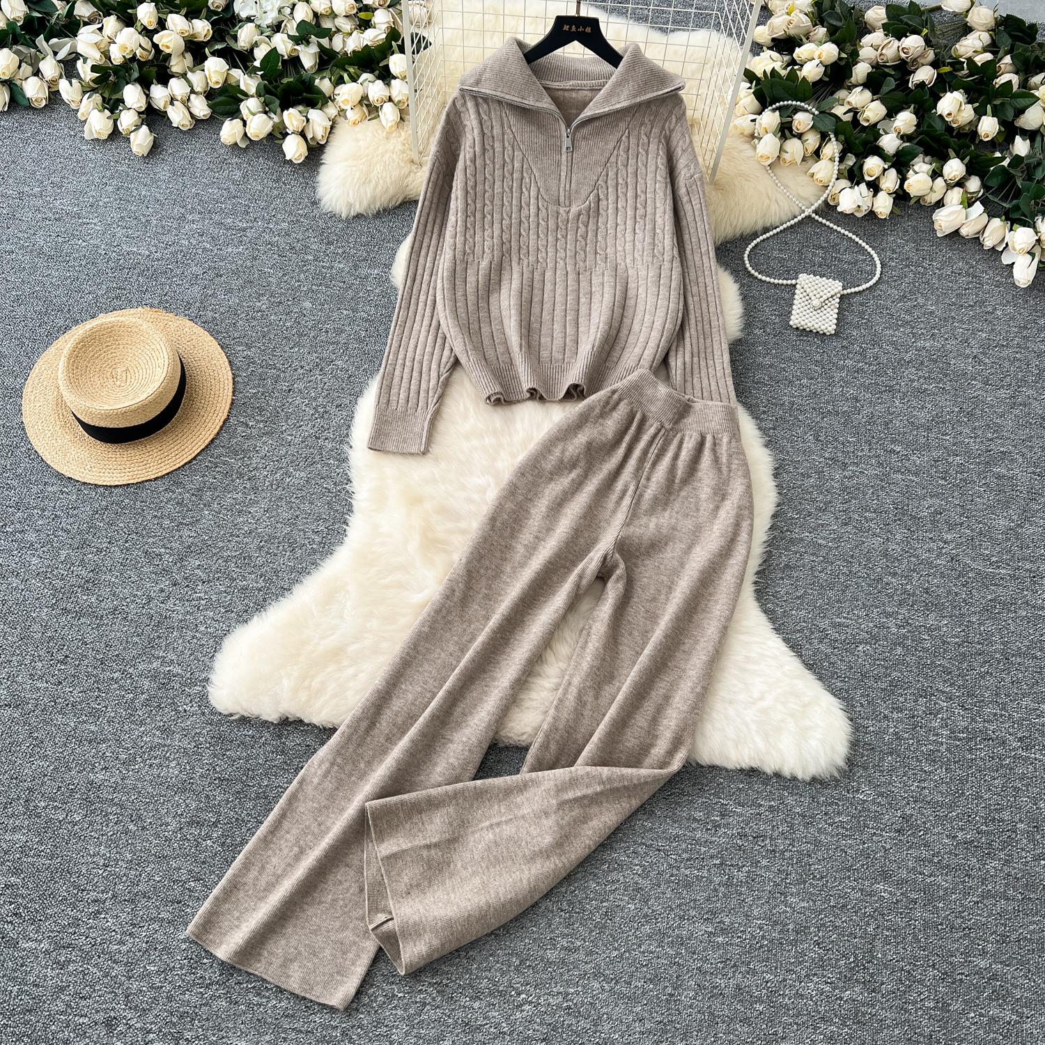 

Франция Повседневные эластичные трикотажные комплекты женские топы с лацканами и длинными рукавами, базовые брюки с высокой талией, осенне-зимние элегантные костюмы из двух частей One Size хаки