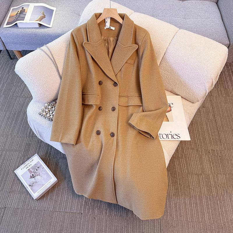 

Женское шерстяное пальто больших размеров на осень и зиму, ретро тренч средней длины с цельнокроеным плечом 6XL жёлтый