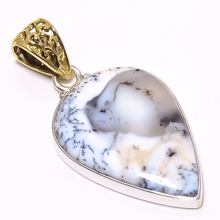 Naturlig Dendritopal Ädelsten 925 Sterlingsilver Tvåtonshänge 1,73" L6n27