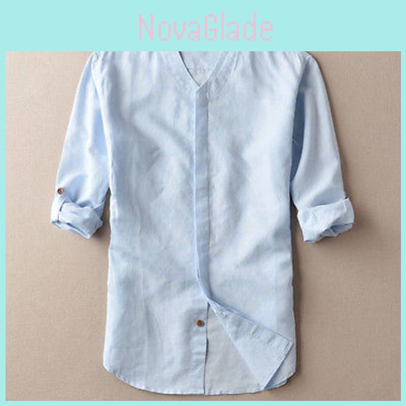 Premium Men's Loose Cotton And Linen Shirts With V-neck For Ultimate Comfort