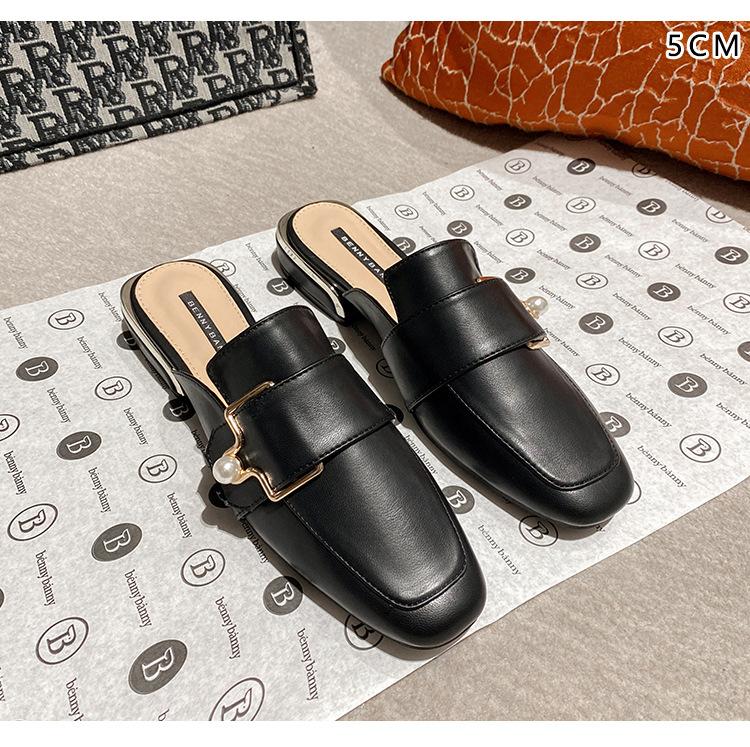 Leather Cool Slippers Women's Bag Head Half Slippers Wind Heelless Lazy Shoes Thick Heel Summer Wear Muller Shoes Women