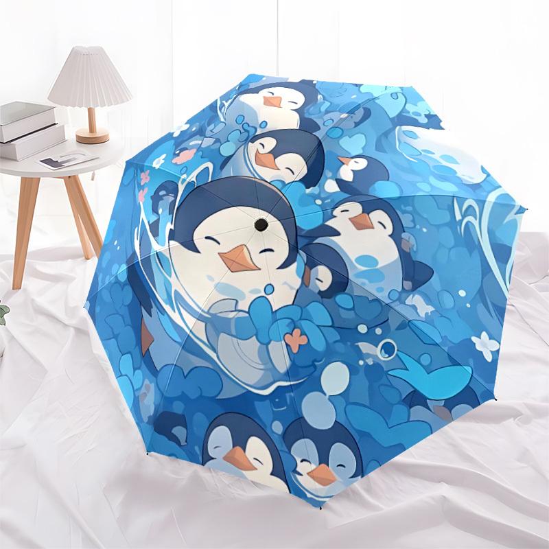 1pc Penguin Party Pattern Automatic Folding Umbrella - Compact 8-Rib Design, Durable Plastic & Iron, Lightweight for Outdoor Daily Use080