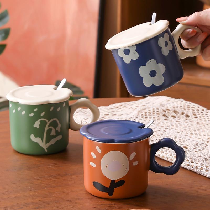 Retro Ölmalerei Stil Tasse mit Deckel Löffel hoher Wert personalisierte handbemalte Keramiktasse Büro Kaffeetasse Nische