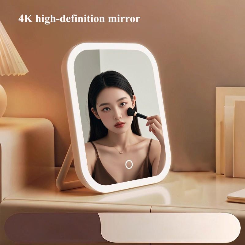 3 Colors Light Led Makeup Mirror Touch Screen Desktop Mirrors for Fill Light Portable 4K HD Bedroom Cosmetic Mirror USB Charging