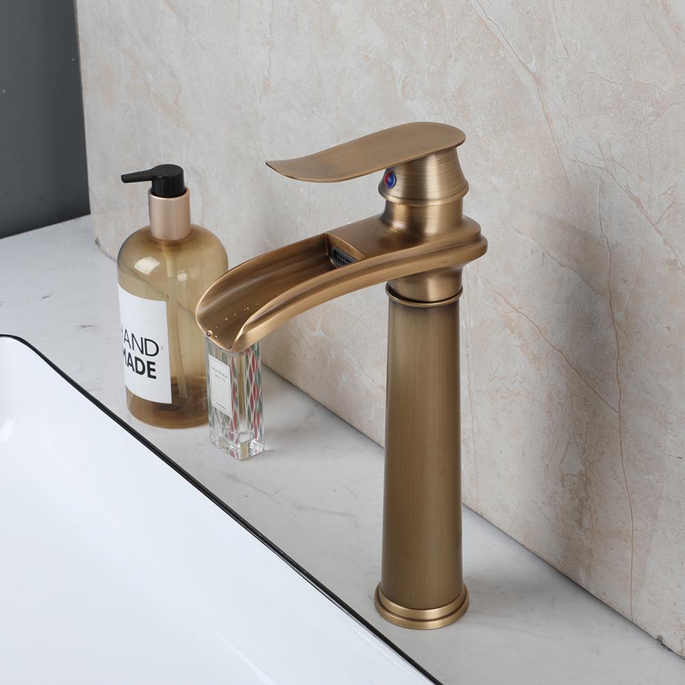 Antique Brass Bathroom Basin Sink Faucet Waterfall Hot Cold Mixer Tap Single Handle Basin Faucets Deck Mounted Tap