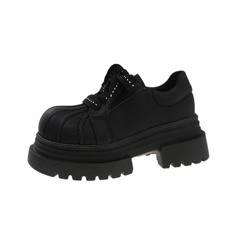 

2025 Весна и Осень 7 см увеличение внутренней высоты женская обувь платформа ракушечный носок шнуровка большая голова голова манго маленькие кожаные туфли лоферы 40 чёрный