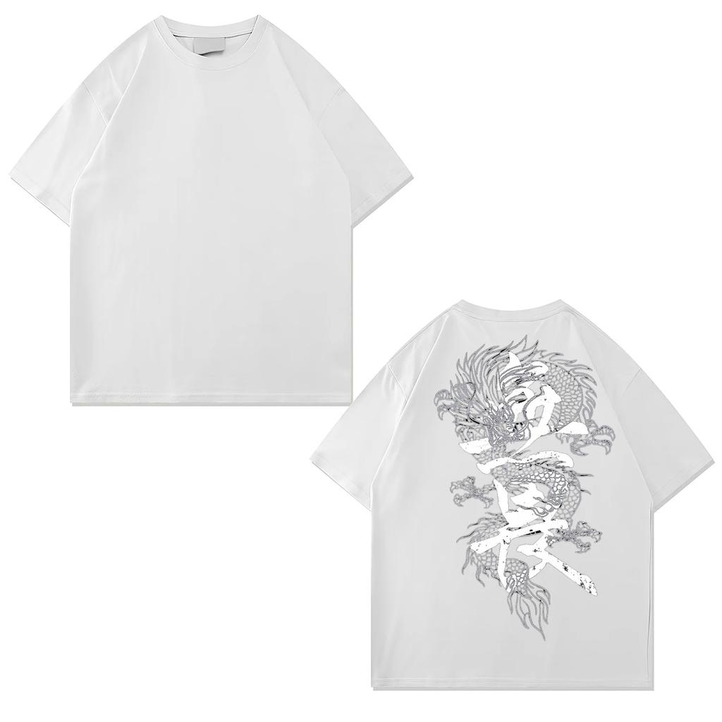 Solid color dragon print casual fashion 100% pure cotton round neck short sleeved summer men's and women's T-shirt 13
