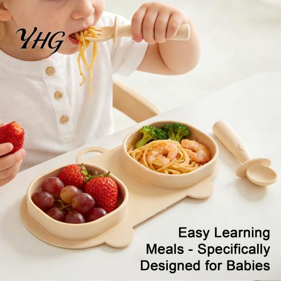 Silicone Suction Placemat Baby Foldable Dinner Plates with Fork And Spoon, Easy Clean Toddler Food Tray Travel Feeding Essentials, Divided Set