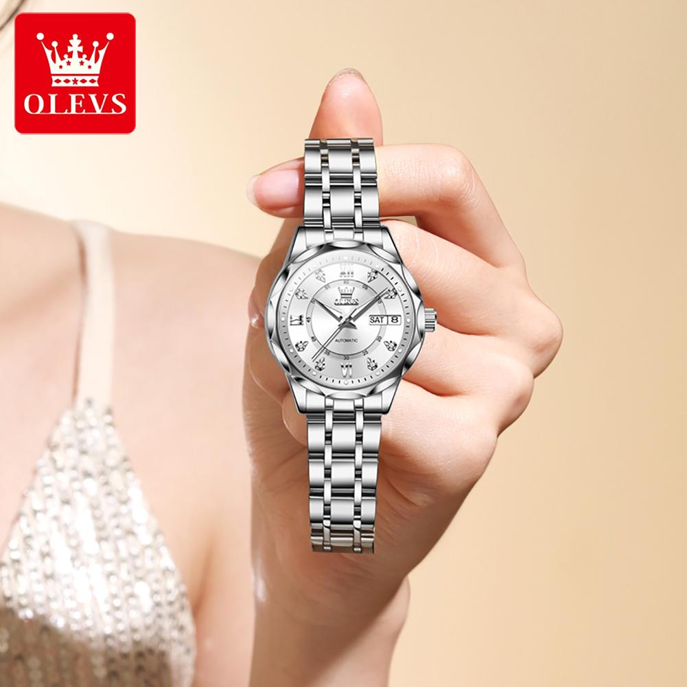 OLEVS 6727 Ladies Watch Automatic Mechanical Watch Stainless Steel Waterproof Calendar Week Watches For Women Luxury Elegant New